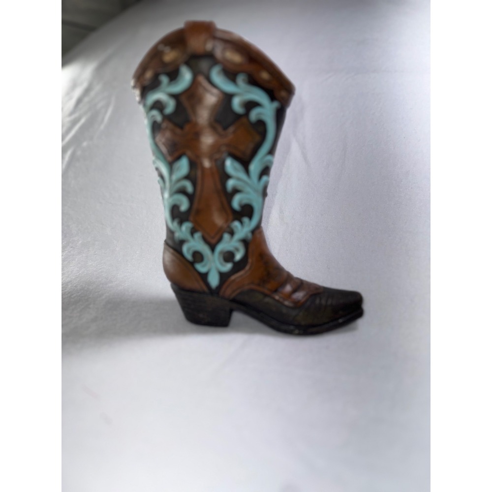 Western Cowboy Boot Figurine Psalm 27:1 Religious Cross Decor Turquoise Brown